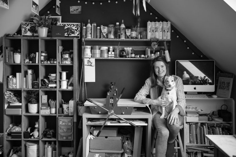Image of wood block printer Molly Lemon with her lovely dog